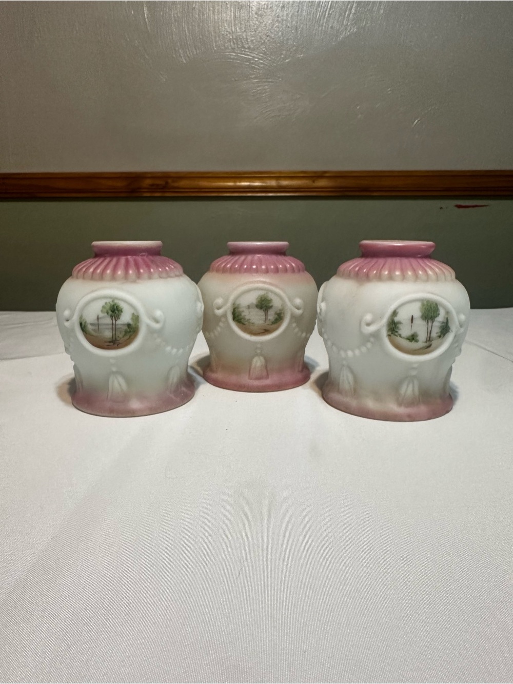 Antique / Vintage-Style frosted Pink and White hand painted globes set of 3